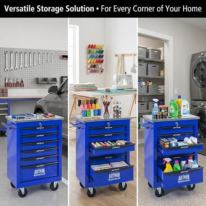 6-Drawer Rolling Tool Chest, Lockable Stainless Worktop for Garage, Blue | Heavy Duty Metal Tool Cabinet with Drawers on Wheels for Warehouse and Workshop Storage