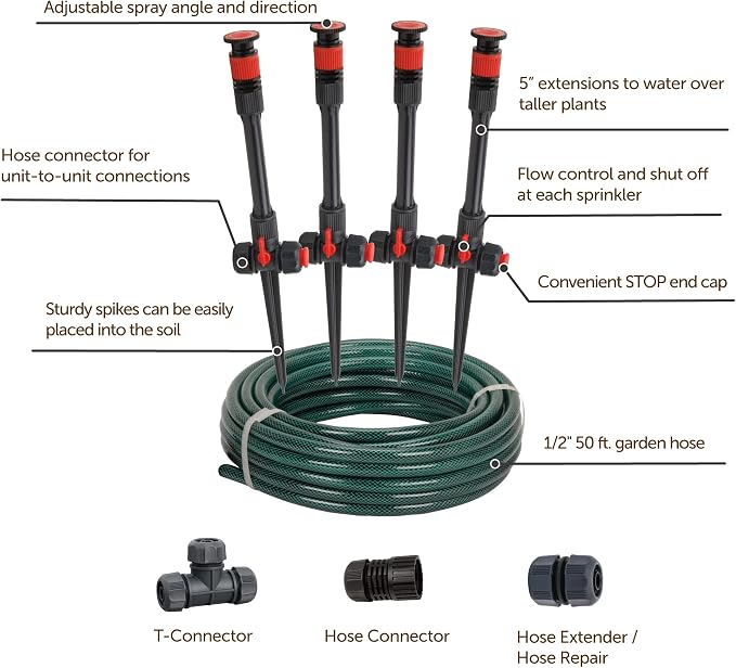 Eden 98063 Multi-Adjustable Flex Design Above Ground Irrigation Garden Sprinkler System,Sprinkler & Hose,DIY Plant Watering Set,(Pack of 4)