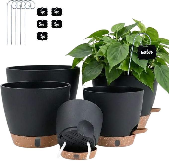 montresor 5-Pack Easy Plant Self Watering Pots for Indoor Plants, 10/9/8/7/6.5Inch PP Plastic Wicking Pots with Water Level Indicator & Plant Pots with Reservoir, Self Watering Planters, Black