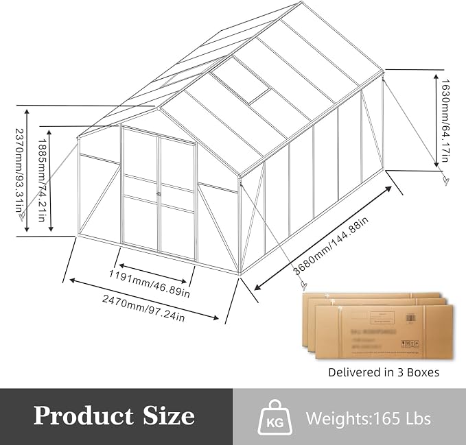8x12 FT Greenhouse, Walk-in Outdoor Heavy Duty Polycarbonate Greenhouse with Raised Base & Anchor, Aluminum Frame, High Headroom & Drainage System for Backyard All Season Growing, Black