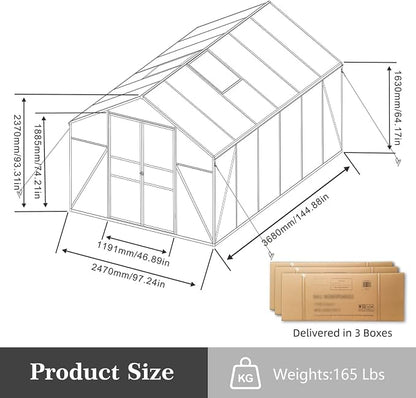 8x12 FT Greenhouse, Walk-in Outdoor Heavy Duty Polycarbonate Greenhouse with Raised Base & Anchor, Aluminum Frame, High Headroom & Drainage System for Backyard All Season Growing, Black