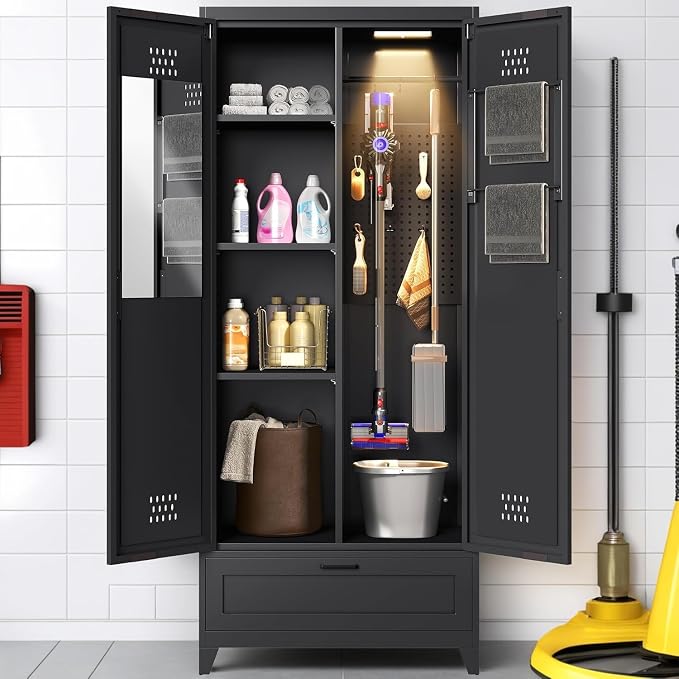 YITAHOME 71" Metal Garage Broom Cabinets with Adjustable Shelves, Vacuum Storage Cabinet with Doors and Drawer, Tool Storage Cabinet for Gym, Basement, Warehouse, Black, Metal | Built-in Pegboard, Adjustable Shelves, Heavy-Duty Metal, for Garage Gym Ba...
