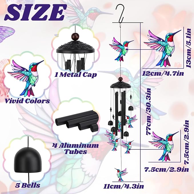 Hummingbird Wind Chimes for Outside, Metal Wind Chimes Outdoor for Patio Porch Yard Garden, Hummingbird Gifts for Women, Mothers Day Birthday Memorial Gifts for Mom Grandma Wife, Outdoor Decor