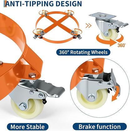 55-Gallon Drum Dolly, Heavy Duty 1000Lbs Load Capacity,Barrel Dolly Cart with Cross Braces & Swivel Casters Wheel,Steel Fram,Non Tipping Design,Barrel Cart with Brake for Warehouse Drum Handling