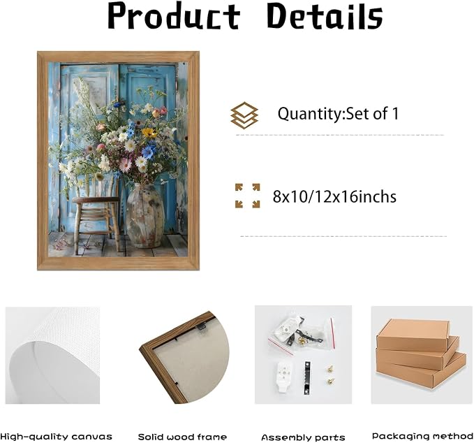 Vintage Wildflower Bouquet Wall Art Framed Canvas, Rustic Floral Still Life Vase Painting with Blue Door Background, Farmhouse Cottagecore Flower Decor Picture for Living Room Bedroom Bathroom 16x12 Inch