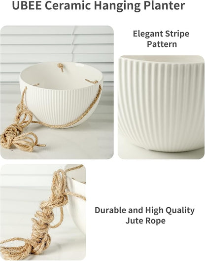 UBEE Ceramic Hanging Planters Indoor Outdoor, 7.5 Inch + 6.5 Inch Hanging Flower Pot for Plants Hanging Basket for Succulent Pothos Herbs Window Home Decor, 2 Pack, White