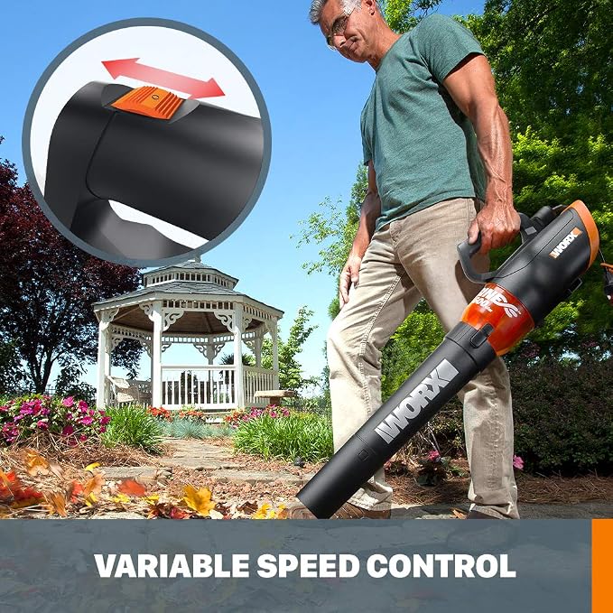 WORX WG520 12 Amp TURBINE 600 Electric Leaf Blower and GoGreen Power GG-13750 16/3 50’ SJTW Outdoor Extension Cord, Lighted End, 50 Ft