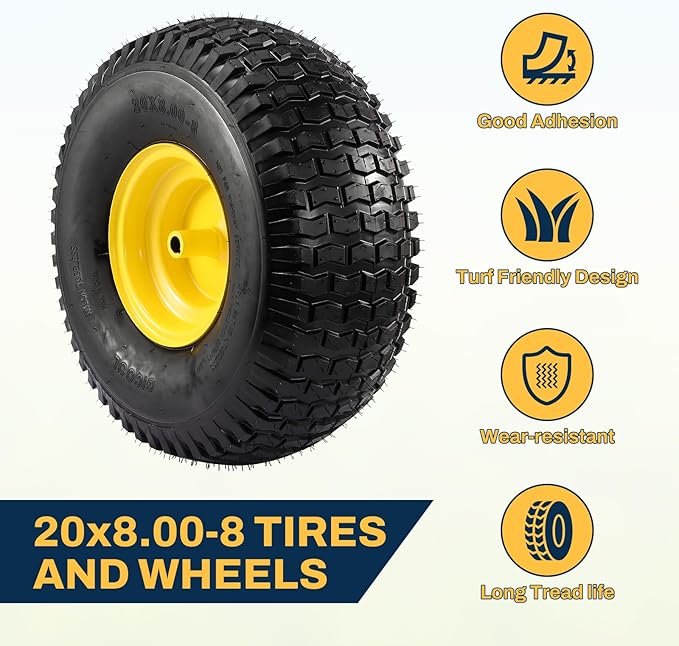 2PCS 20x8.00-8 Rear Tire and Wheel Assemblies, 3/4" Borehole, 3.5" Offset Hub and 3/16" Keyway, 4 Ply, 905lbs Capacity, Replacement for Riding Lawn Mowers