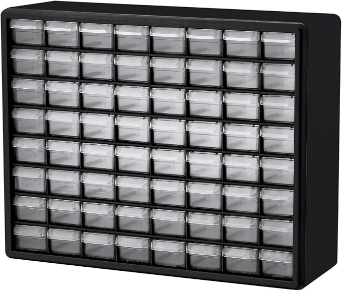 Akro-Mils 10164 64 Drawer Plastic Parts Storage Hardware and Craft Cabinet, Black & 24 Cabinet 10724, Plastic Parts Storage Hardware and Craft Cabinet, (20-Inch W x 6-Inch D x 16-Inch H), Black