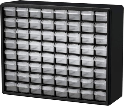 Akro-Mils 10164 64 Drawer Plastic Parts Storage Hardware and Craft Cabinet, Black & 24 Cabinet 10724, Plastic Parts Storage Hardware and Craft Cabinet, (20-Inch W x 6-Inch D x 16-Inch H), Black