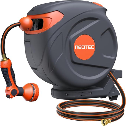 Retractable Garden Water Hose 82ft 1/2 inch, Wall Mounted Hose Reel with Automatic Rewind System, Any-Length Lock & Spray Nozzle for Efficient Yard Work