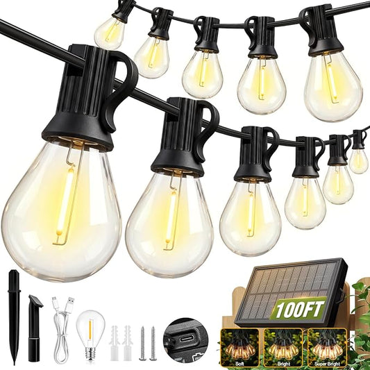 100FT Solar String Lights Outdoor, IP65 Waterproof Shatterproof LED Bulbs, Solar & USB Dual Powered, 20+ Hrs Long Lasting, Hanging Lights for Patio, Backyard, Garden, Wedding, Party Decor