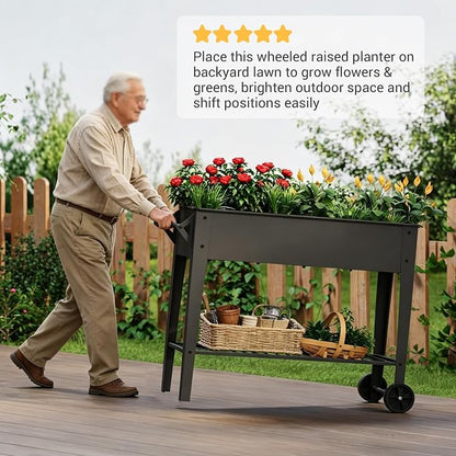 31.9" Tall Mobile Raised Garden Bed on Wheels, Metal Elevated Planter Box with Handles, Lower Storage Shelf & 5 Drain Holes for Vegetables Herbs Flowers,Garden Patio Balcony Backyard Garage
