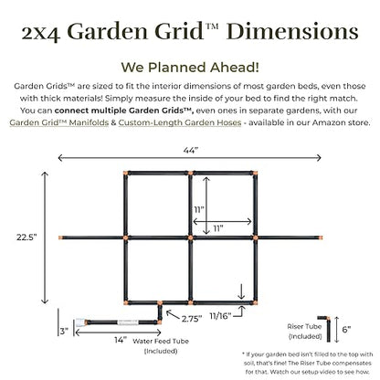 Garden Grid Watering System, 2x4 Cornerless | Drip Irrigation System for Garden Beds - But Better | Pre-Assembled, Waters Every Plant | Ideal for Beds w/Corner Posts or Curved Ends | 22.5"x44"