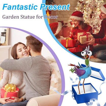 Metal Wacky Rooster Garden Statue for Patio, Backyard, Lawn | 17'' Rooster Decor, Yard Statue Decorations Outdoor, Chicken Yard Art, Blue & Purple