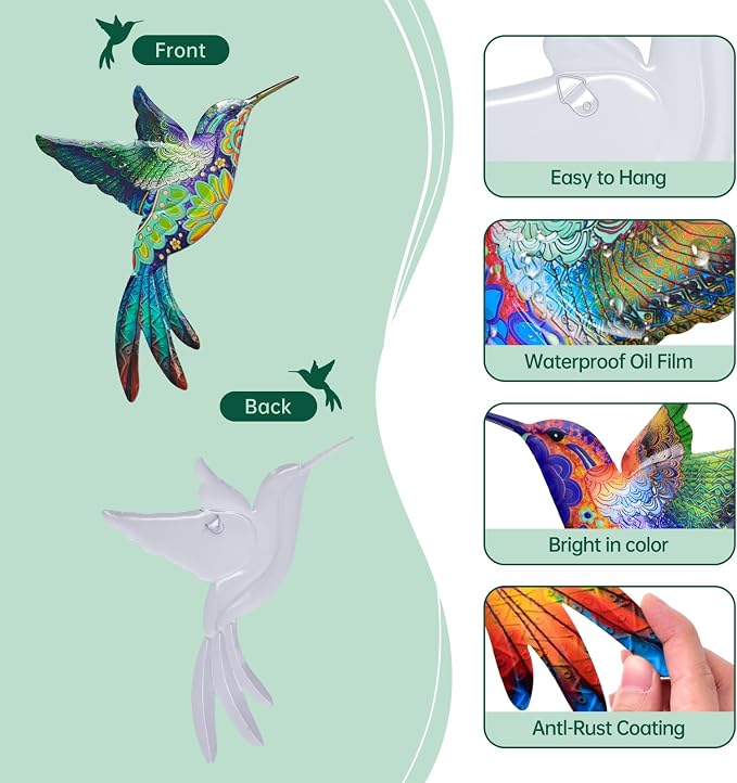 4 Pack Metal Hummingbird Wall Art Decor - 3D Colorful Birds Outdoor Wall Art,Hanging Decoration for Patio, Garden, Balcony and Fence (D)