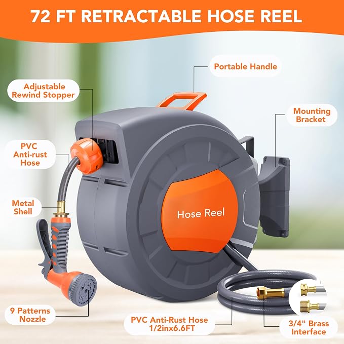 GAOMON Retractable Garden Hose Reel - 1/2 in x 72 ft, Wall Mounted, 9-Function Sprayer, Any Length Lock, 180° Swivel, Automatic Slow Rewind