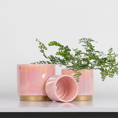 Gepege Pink Indoor Plant Pots for Plants, Ceramic Planter with Drainage Hole, 6.0 inch+5.0 Inch+4.0 Inch. Succulent Orchid Flower Pot - Rainbow Pearl Glaze