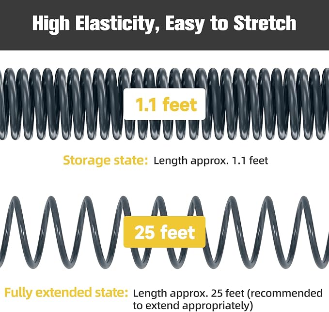 Coil Hose,3/8" EVA Coil Garden Hose 25 FT,Curly Water Hose Lightweight with Brass Connectors,Recoil Garden Hose Includes 8-Pattern Spray Nozzle for Boat, Yard, Patio