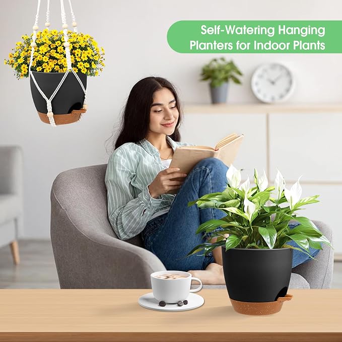 Vanslogreen Hanging Planters for Indoor Outdoor Plants, 2 Pack Self Watering Hanging Pots, Hanging Plant Baskets with Drainage Holes & 2 Types of Plant Hangers (Black, 6'')