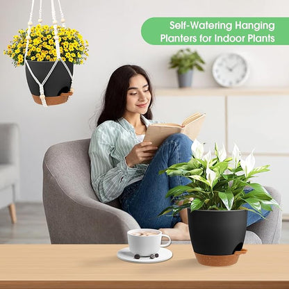 Vanslogreen Hanging Planters for Indoor Outdoor Plants, 2 Pack Self Watering Hanging Pots, Hanging Plant Baskets with Drainage Holes & 2 Types of Plant Hangers (Black, 6'')