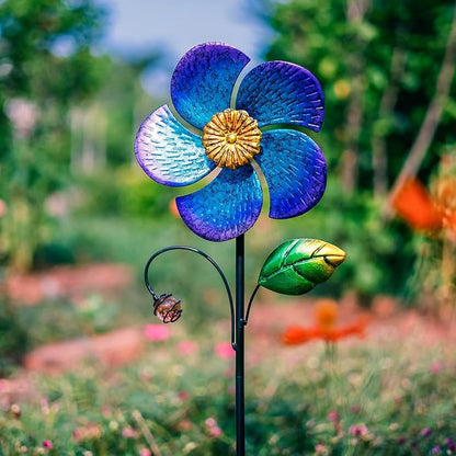 Viveta Wind Spinner with Metal Stake, Garden Pinwheels | Blue Flower Shape Design Wind Spinners for Yard Lawn Patio Decor, 28.7 inches