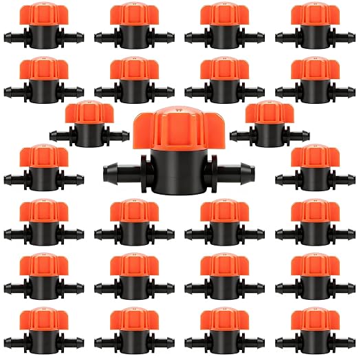 1/4 Inch Drip Irrigation Shut Off Valve: 25 Pack 1/4" Drip Line Barbed Valves Fittings for 1/4 Inch Irrigation Tubing Water Flow Control in-Line Valve for Garden Watering System