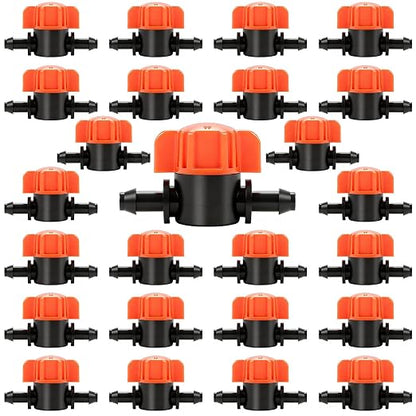 1/4 Inch Drip Irrigation Shut Off Valve: 25 Pack 1/4" Drip Line Barbed Valves Fittings for 1/4 Inch Irrigation Tubing Water Flow Control in-Line Valve for Garden Watering System