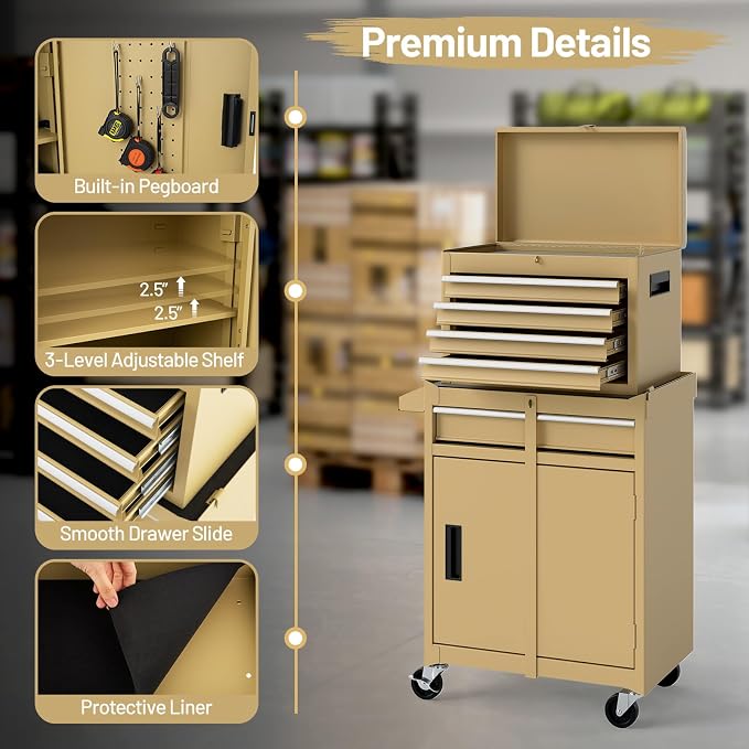 Goplus Tool Chest, 5 Drawers Rolling Tool Cabinet with Detachable Top Toolbox, Universal Lockable Wheels, Lock Bar, Protective Liner & Tool Rack, Metal Tool Storage Cart, Tool Box for Garage Workshop
