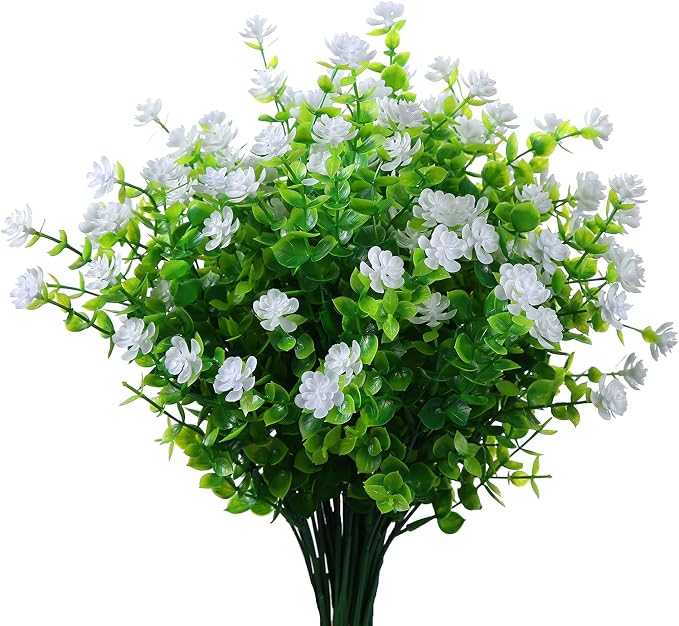 XLFAQXM Artificial Plants Flowers Grass Shrubs 8 Pack No Fade Faux Plastic Flowers Outdoor for Vases Farmhouse Garden Porch Patio Office Indoor Wedding Decoration Greenery Fake Plants (2#White)