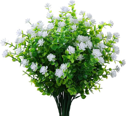 XLFAQXM Artificial Plants Flowers Grass Shrubs 8 Pack No Fade Faux Plastic Flowers Outdoor for Vases Farmhouse Garden Porch Patio Office Indoor Wedding Decoration Greenery Fake Plants (2#White)