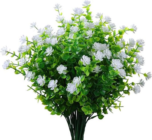 XLFAQXM Artificial Plants Flowers Grass Shrubs 8 Pack No Fade Faux Plastic Flowers Outdoor for Vases Farmhouse Garden Porch Patio Office Indoor Wedding Decoration Greenery Fake Plants (2#White)
