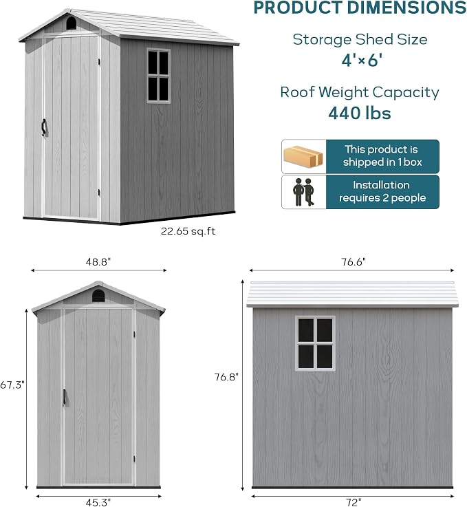 Greesum 4x6FT Plastic Storage Shed with Floor, Resin Outdoor Storaged Sheds with Lockable Door, All Weather Tool Shed with Window and Vent, Easy Assembly for Garden, Patio, Yard, Light Gray