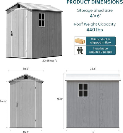 Greesum 4x6FT Plastic Storage Shed with Floor, Resin Outdoor Storaged Sheds with Lockable Door, All Weather Tool Shed with Window and Vent, Easy Assembly for Garden, Patio, Yard, Light Gray