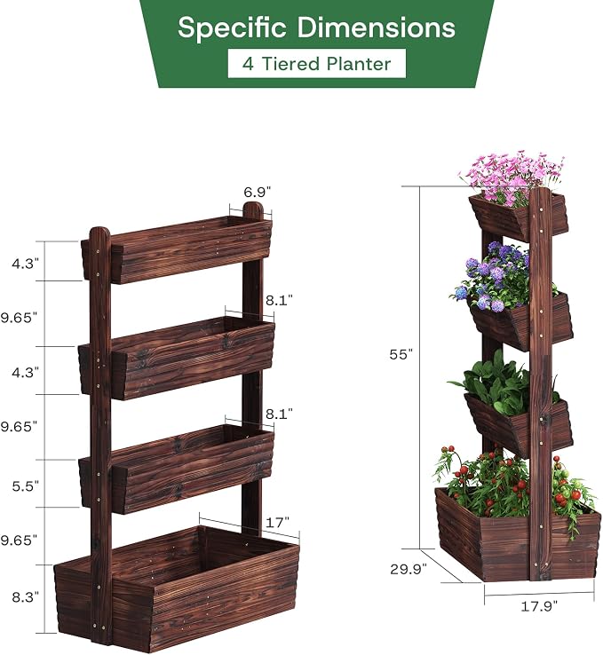 kiplant Vertical Wooden Raised Garden Bed, 4-Tiered Adjustable Planter Stand, Freestanding Plant Box for Garden, Balcony, Home