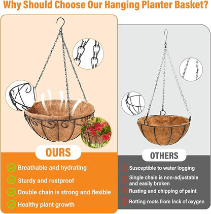 Legigo 2 Pack 10 Inch Metal Hanging Baskets for Plants Outdoor- Round Wire Hanging Planters Basket with Coconut Coir Liner, Hanging Flower Pot for Outdoor Plants Flowers Garden Decorations