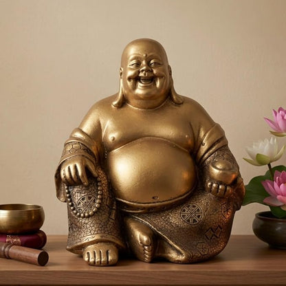 Bellaa Laughing Buddha Statue - 6 Inch Feng Shui Happy Monk Budai Hotei Figurine for Wealth, Luck & Happiness - Chinese Buddhist Zen Decor Copper Gold Finish Resin 21770