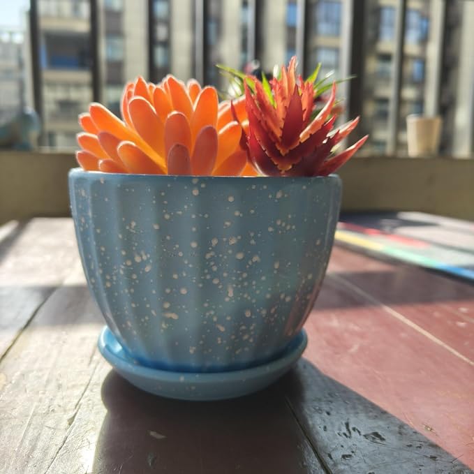 4 Inch Ceramic Indoor Succulent Plant Pots with Drainage Holes and Saucers, Bonsai Planter for Succulent, Cactus, Small Flowers (Blue)