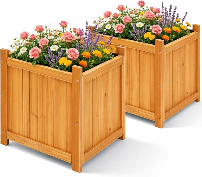 2-Pack 16" Square Fir Wood Planter Boxes with Drainage Holes | Set of 2 fir wood planters with removable bases, liners, and drainage holes for flowers, herbs, porch, patio, or garden