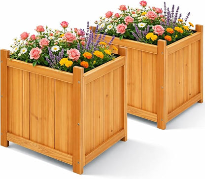 2-Pack 16" Square Fir Wood Planter Boxes with Drainage Holes | Set of 2 fir wood planters with removable bases, liners, and drainage holes for flowers, herbs, porch, patio, or garden