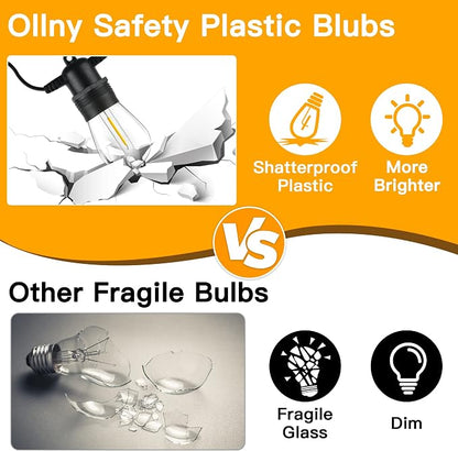 Ollny Outdoor String Lights, 50 FT Waterproof Connectable Patio Lights with 15 Shatterproof Bulbs(2 Spare), Outside Hanging Light for Balcony, Porch, Yard, Garden, Backyard
