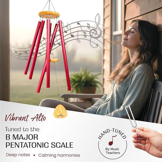 Red Wind Chimes for Outside Deep Tone, 41 Inch Hand Tuned B Major Pentatonic Alto Wind Chime with Decorative Kindness Stone, Outdoor Garden Patio Porch Decor, Meaningful Sympathy Memorial Gift