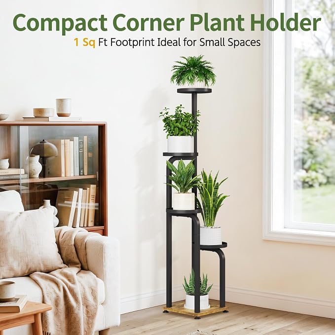 LASZOLA 5 Tiered Plant Stand Tall for Indoor Corner, Modern Multiple Flower Display Rack with Metal Tray, Vertical Planter Shelf for Living Room Bedroom Patio Garden Balcony, Black