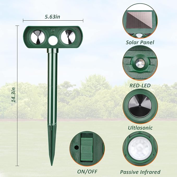 2 Pack Solar Ultrasonic Animal Repellent Deer Repellent Devices Cat Repellent Outdoor Motion Activated Rabbit Squirrel Repellent Waterproof for Yard, Farm, Garden