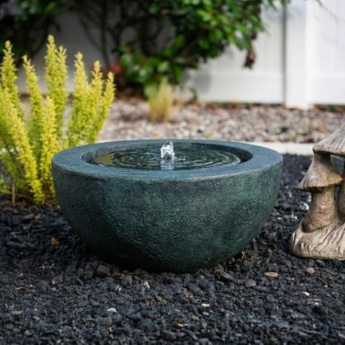 XBrand 9.65" H Round Sphere Water Fountain Indoor/Outdoor with LED Light, Polyresin Bubbler Feature for Patio, Yard, Home Décor - Dark Green, Tranquil Serene Garden Accent