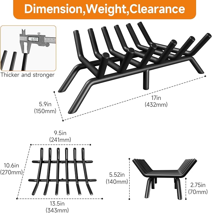 SUZLON Fireplace Grate 17 inch 6 Bar Fireplace Log Grate Heavy Duty Solid Steel Indoor Chimney Hearth with 6 Enhanced Stability Legs Kindling Tools Pit Wood Stove Firewood Burning Rack Holder