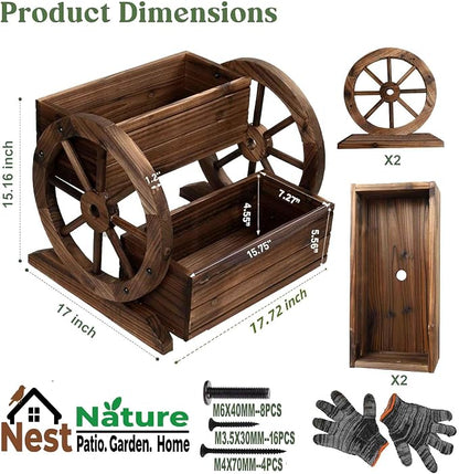 NestNature Wooden Wagon Planter Box|Raised Garden Bed W/Wheels for Plants | 2 Tier Classic Rustic Flower Pot Use Indoor&Outdoor Decor On Patio,Porch,Garden-Outdoor Planter For Flowers,Herbs,Vegetables