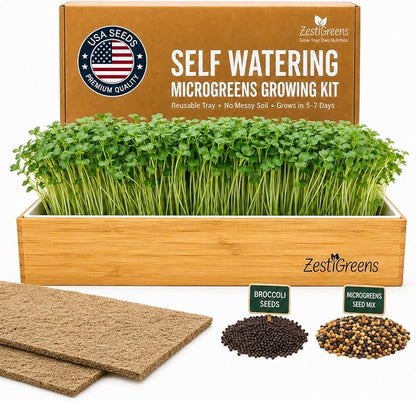 Organic Self-Watering Microgreens Growing Kit – Reusable Indoor Grow Tray with Organic Seeds, Grow Mats & Bamboo Frame – Easy No-Soil Microgreens Starter Kit (Broccoli & Salad Mix)