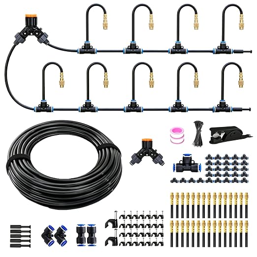 120FT Sprayer Irrigation System, Drip Irrigation Kit with 30 PCS 360° Adjustable Misting Copper Nozzles for Garden, Lawn, Patio, Greenhouse