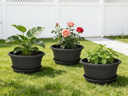 MRPAPA 4Pack Round Plastic Pots for Plants, Outdoor Planters with Drainage Hole & Tray Saucer, Decoration Large Flower Pots for Indoor Outdoor Garden Home Plants (4, Dark Gray, 13 Inch)